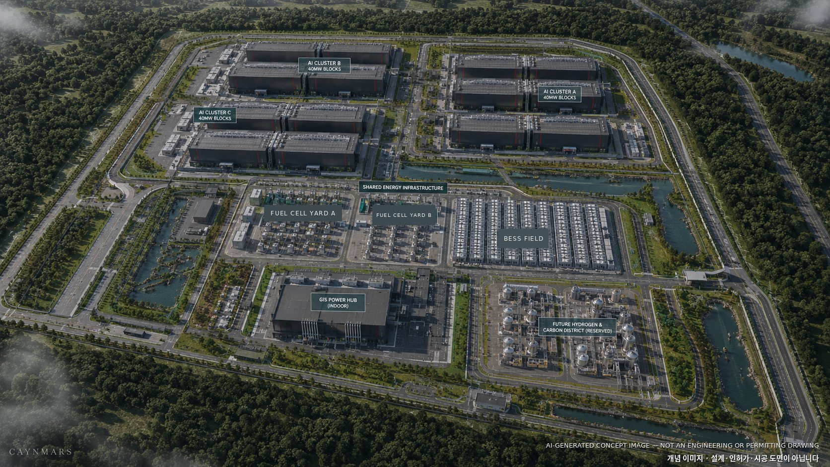 Phase 2 200MW-class AI energy campus masterplan — AI-generated concept image