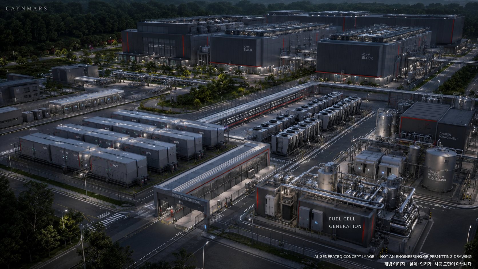 Phase 2 shared energy infrastructure at night — AI-generated concept image