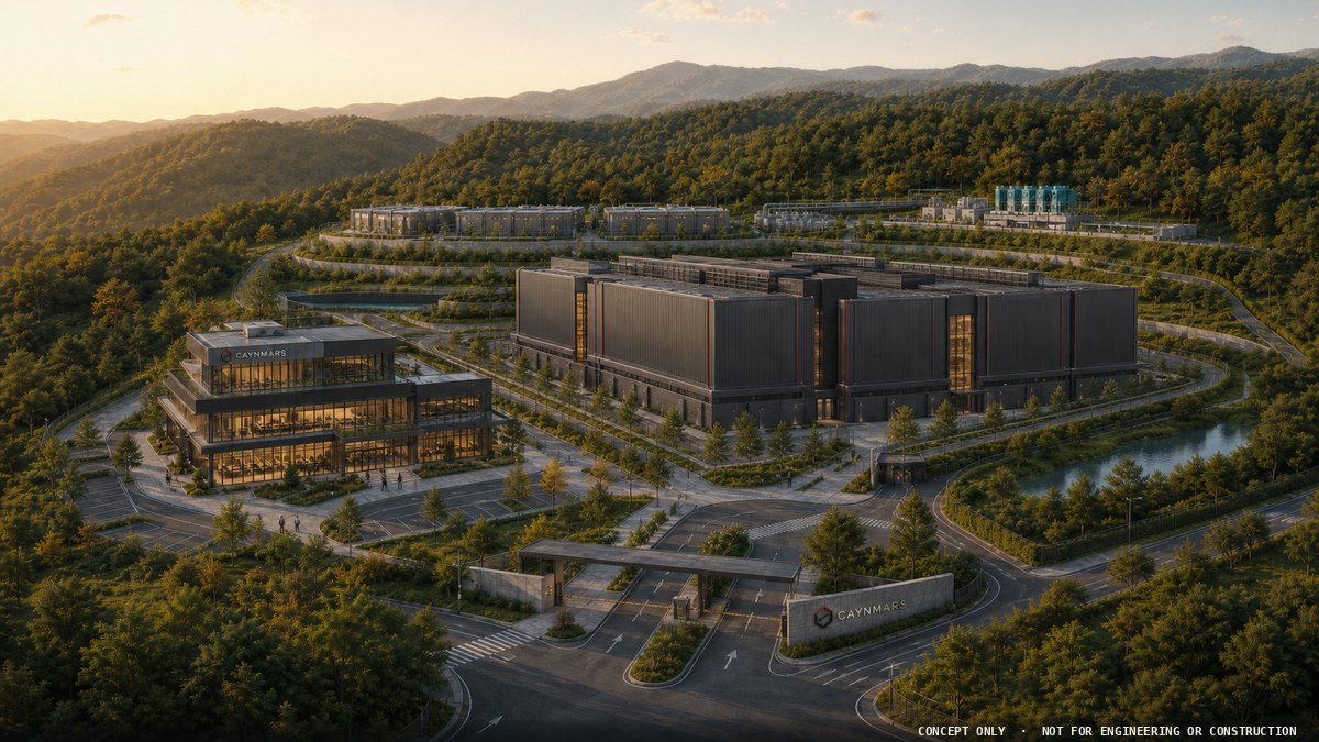 여주 기준 프로젝트 조감 — 데이터센터 본동과 온사이트 발전 야드의 통합 배치 · Concept Render