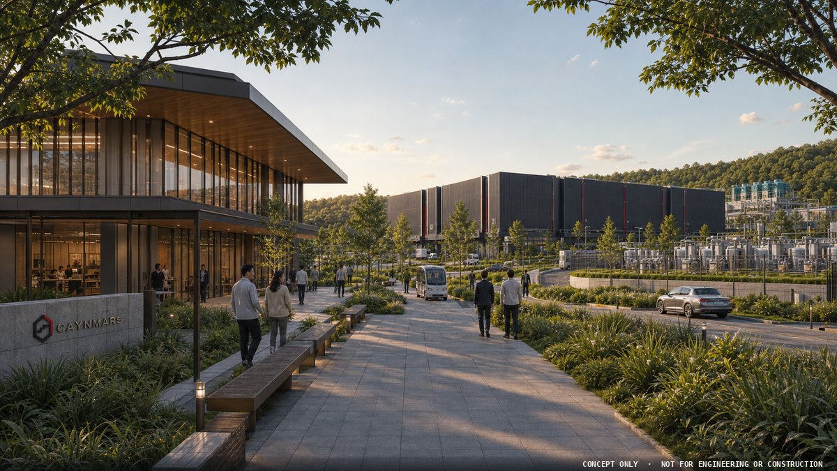 여주 기준 프로젝트 — 업무동 앞 보행가로에서 본 데이터센터와 온사이트 발전 야드 · Concept Render