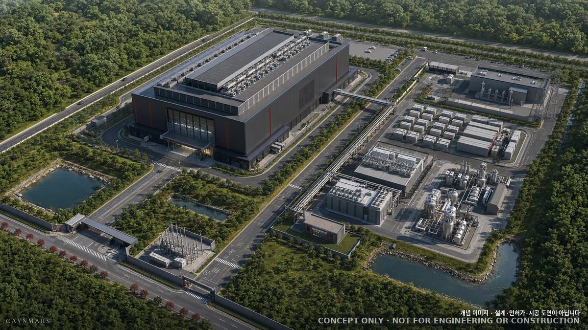 Site 1 campus aerial — AI-assisted concept render